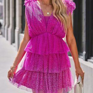 Vici GLITTER ALWAYS TULLE TIERED MINI DRESS - HOT PINK